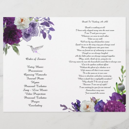 Paars Peony Hummingbird Funeral Programme Flyer (Achterkant)