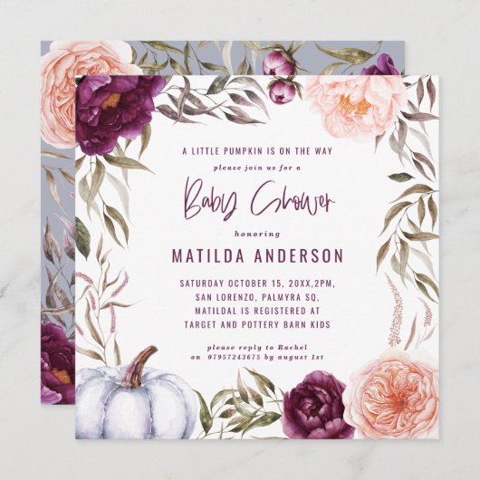 Paars + perzikfloraal, pompoen herfst baby shower (Voorkant / Achterkant)