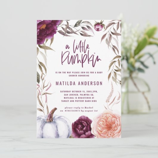 Paars + perzikfloraal, pompoen herfst baby shower (Staand voorkant)