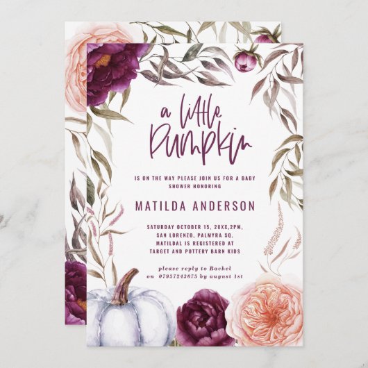 Paars + perzikfloraal, pompoen herfst baby shower (Voorkant / Achterkant)