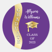 Paars | Pet "Gold Afstuderen Wave Afstudeerder" Ronde Sticker (Voorkant)