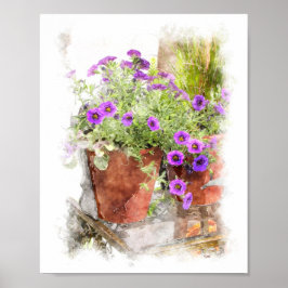 Paars Petunia Flowers Waterverf Digitaal schildere Poster