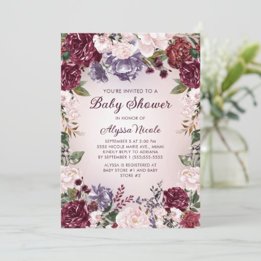 Paars Pink Burgundy Floral Baby shower Kaart (Staand voorkant)