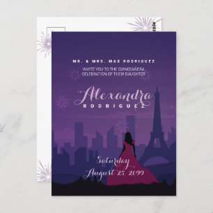 Paars Pink Paris Fireworks Quinceañera Briefkaart