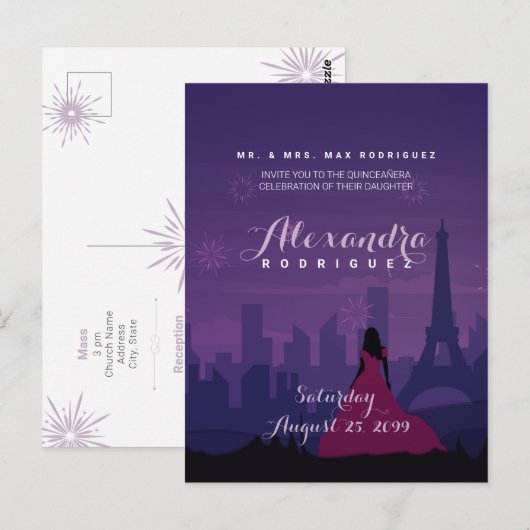 Paars Pink Paris Fireworks Quinceañera Briefkaart (Voorkant / Achterkant)