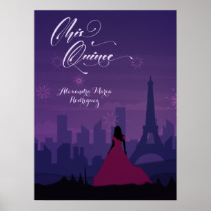 Paars Pink Paris Fireworks Quinceañera Poster