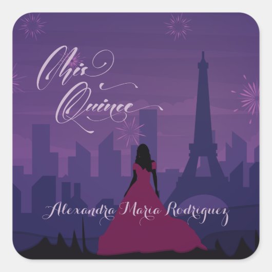 Paars Pink Paris Fireworks Quinceañera Vierkante Sticker (Voorkant)