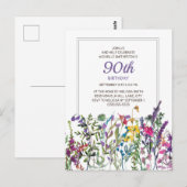 Paars Pink Waterverf Wildbloemen 90e verjaardag Briefkaart (Voorkant / Achterkant)