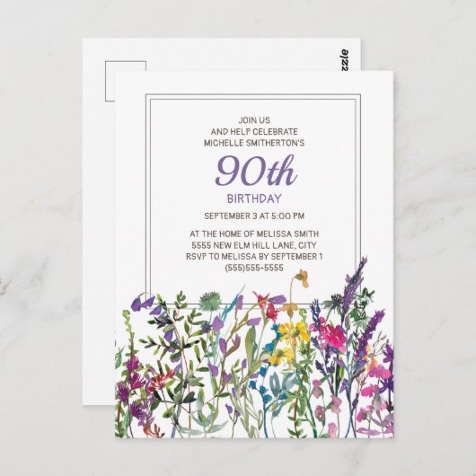 Paars Pink Waterverf Wildbloemen 90e verjaardag Briefkaart (Voorkant / Achterkant)