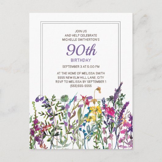 Paars Pink Waterverf Wildbloemen 90e verjaardag Briefkaart (Voorkant)
