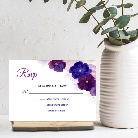 Paars Plum Blue Waterverf Floral RSVP Weddenschap
