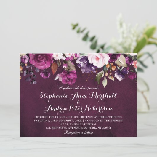 Paars Plum Burgundy Waterverf Floral Rustic Kaart (Staand voorkant)