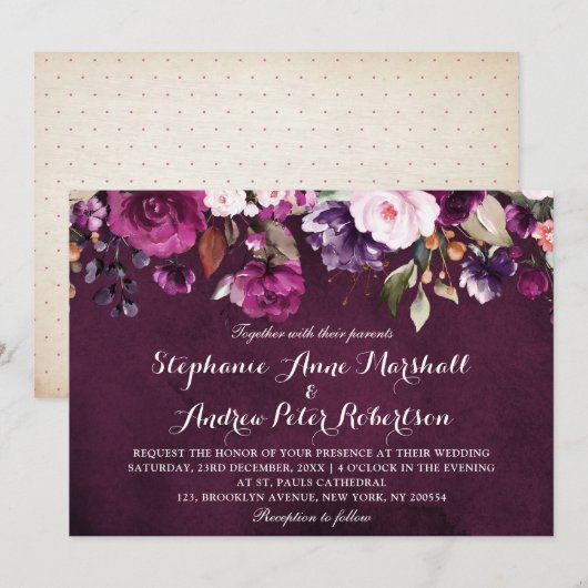 Paars Plum Burgundy Waterverf Floral Rustic Kaart (Voorkant / Achterkant)