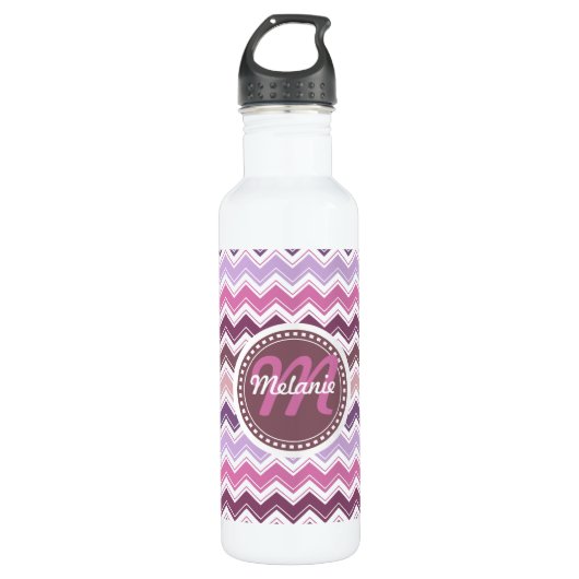 Paars Plum Chevron ZigZag Monogram Waterfles (Voorkant)