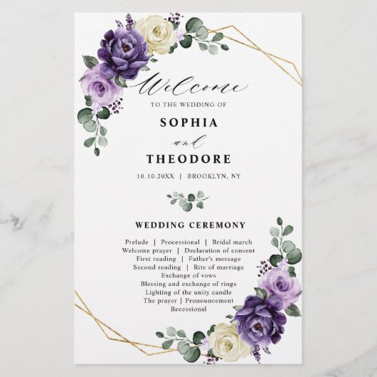 Paars Plum Silver Floral Blooms Wedding Programme (Voorkant)