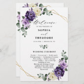 Paars Plum Silver Floral Blooms Wedding Programme (Voorkant / Achterkant)