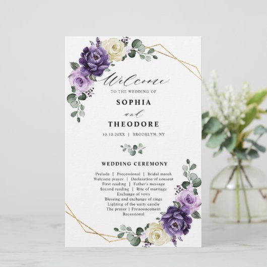 Paars Plum Silver Floral Blooms Wedding Programme (Staand voorkant)