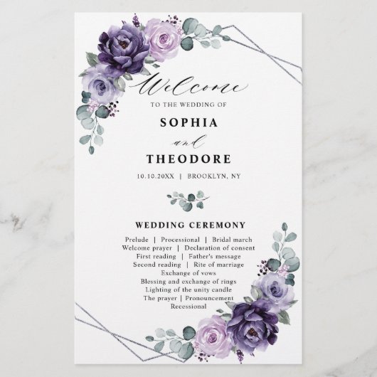 Paars Plum Silver Floral Blooms Wedding Programme (Voorkant)