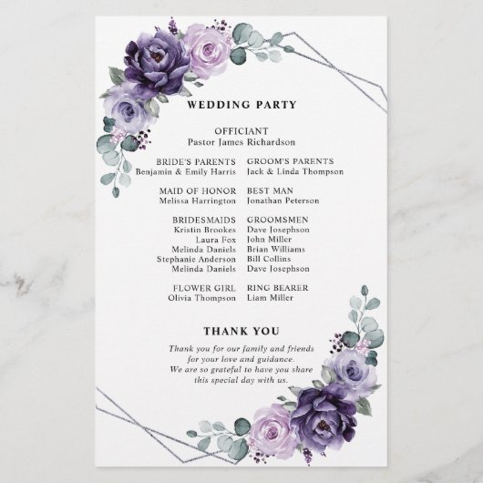 Paars Plum Silver Floral Blooms Wedding Programme (Achterkant)