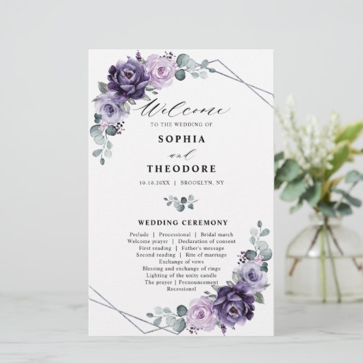 Paars Plum Silver Floral Blooms Wedding Programme (Staand voorkant)
