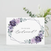 Paars Plum Silver Floral Bridesmaid Voorstel Kaart (Staand voorkant)