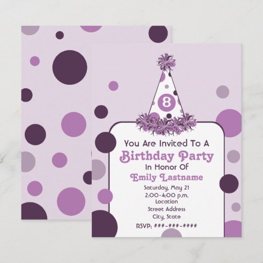 Paars Polka Dot Birthday Party Pet Uitnodigen Kaart (Voorkant / Achterkant)