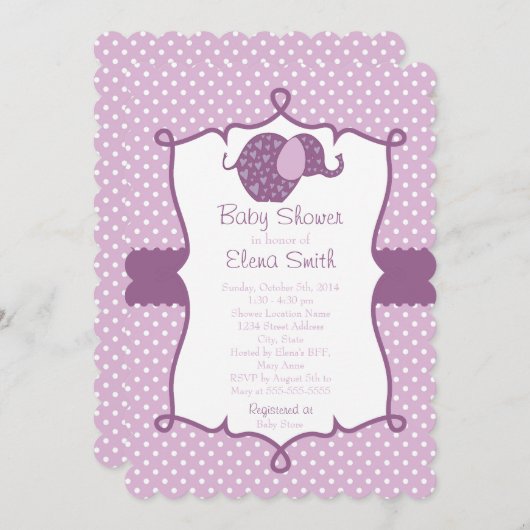 Paars Polka Dot Elephant Baby shower Kaart (Voorkant / Achterkant)