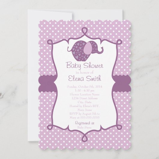 Paars Polka Dot Elephant Baby shower Kaart (Voorkant)