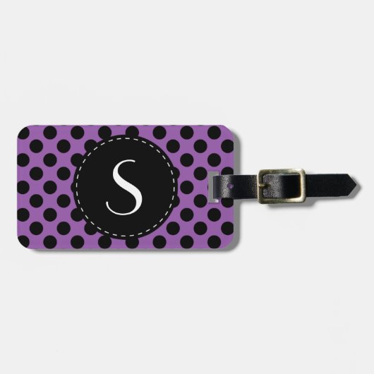 Paars Polka Dot Monogram Gepersonaliseerd Bagagelabel (Voorkant horizontaal)