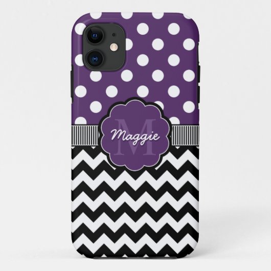 Paars Polka Dots Black Chevron Monogram Case-Mate iPhone Case (Achterkant)