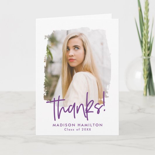 Paars | Preppy Script Photo Afstuderen Bedankkaart (Voorkant)