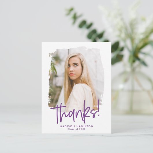 Paars | Preppy Script Photo Afstuderen Hartelijk d Briefkaart (Staand voorkant)