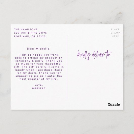 Paars | Preppy Script Photo Afstuderen Hartelijk d Briefkaart (Achterkant)