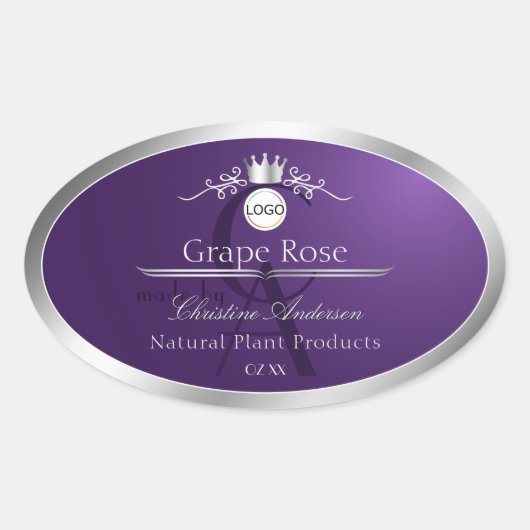 Paars Productlabel Zilveren Frame Logo Monogram Ovale Sticker (Voorkant)