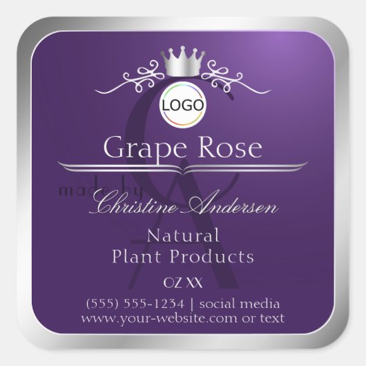 Paars Productlabel Zilveren Frame Logo Monogram Vierkante Sticker (Voorkant)