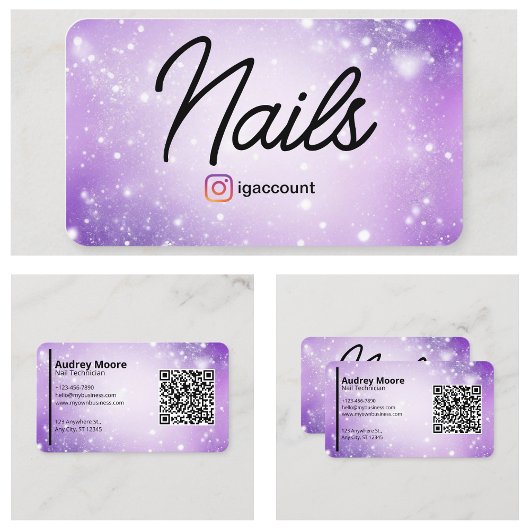 Paars professioneel kaart QR-code nagel tech ontwe Visitekaartje