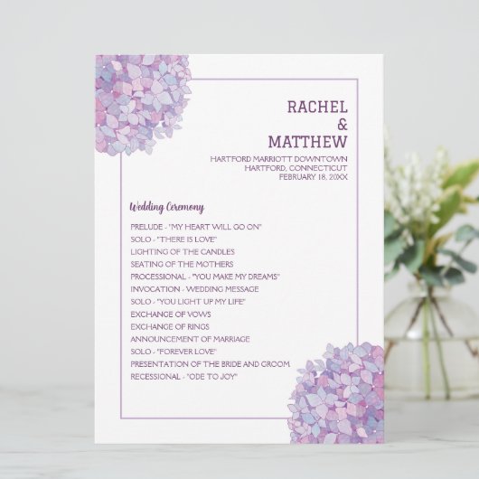 Paars programma Hydrangea Wedding Flat Programmakaart (Staand voorkant)