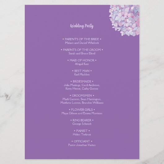 Paars programma Hydrangea Wedding Flat Programmakaart (Achterkant)