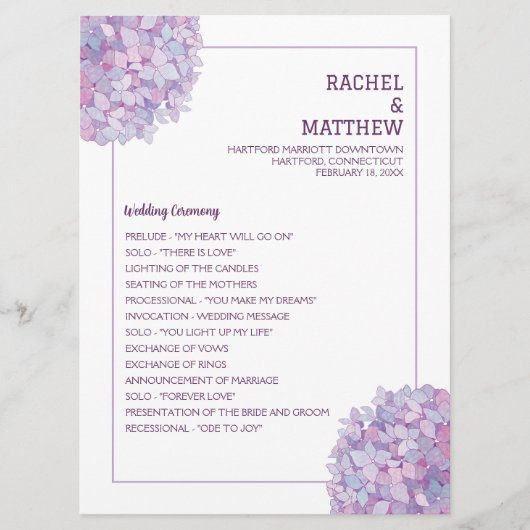 Paars programma Hydrangea Wedding Flat Programmakaart (Voorkant)