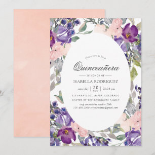 Paars, Pruim en Blush Bloemige Quinceañera Kaart