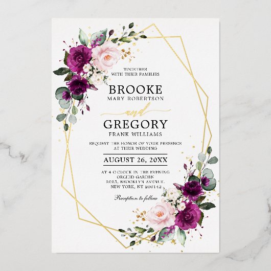 Paars pruimen Roze Roze Boho Geometric Wedding Folie Uitnodiging (Voorkant)