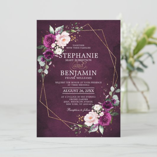 Paars pruimen Roze Roze Boho Geometric Wedding Kaart (Staand voorkant)