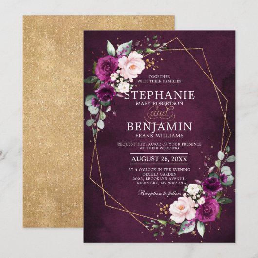 Paars pruimen Roze Roze Boho Geometric Wedding Kaart (Voorkant / Achterkant)