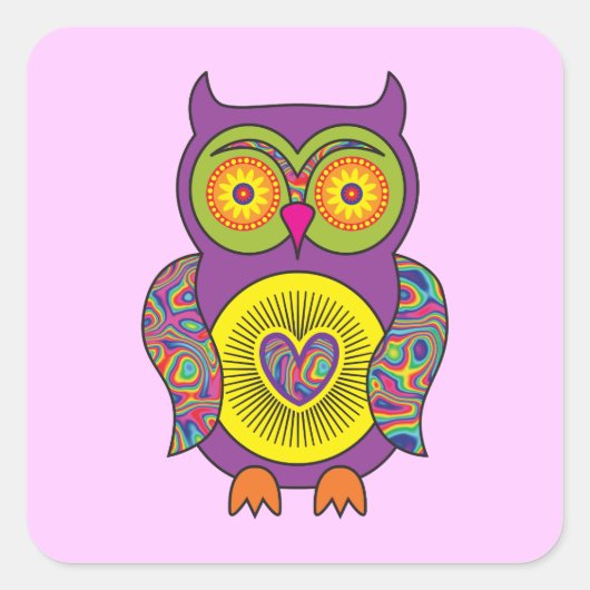 Paars Psychedelic Owl Vierkante Sticker (Voorkant)