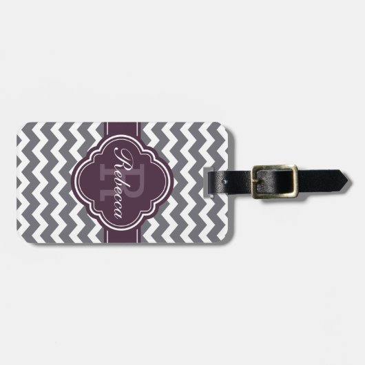 Paars Quatrefoil Monogram Gray Chevron Pattern Bagagelabel (Voorkant horizontaal)