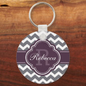 Paars Quatrefoil Monogram Gray Chevron Pattern Sleutelhanger (Voorkant)