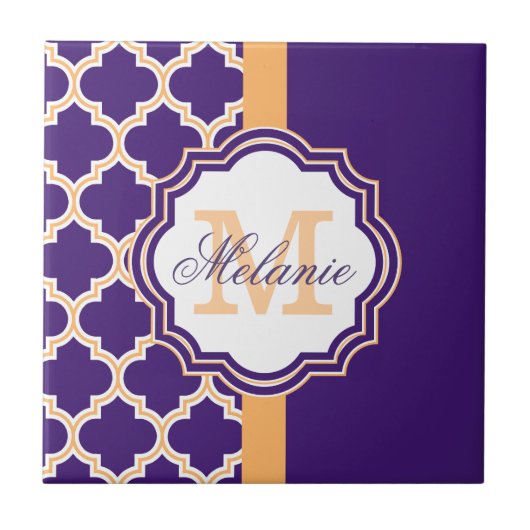 Paars Quatrefoil Monogram Tegeltje (Voorkant)