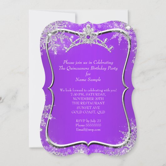 Paars Quinceanera 15e winter Wonderland Kaart (Achterkant)