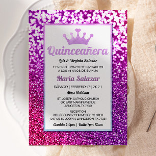 Paars Quinceañera Glamoureus Spaans Uitnodiging