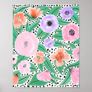 Paars Red Floral Polka Dots Waterverf Patroon Poster